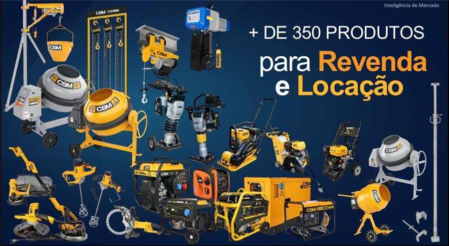 Linha de equipamentos CSM — betoneiras, geradores e ferramentas para construção e locação